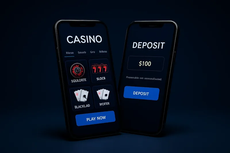 Casino App Smartphones Two angled smartphones showing dark casino lobby and deposit screens