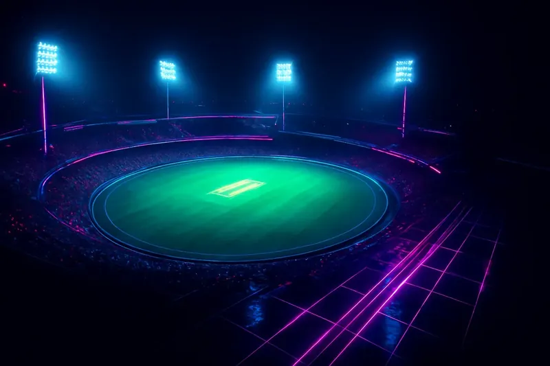 Night Cricket Stadium Aerial view of illuminated cricket stadium with packed stands at night