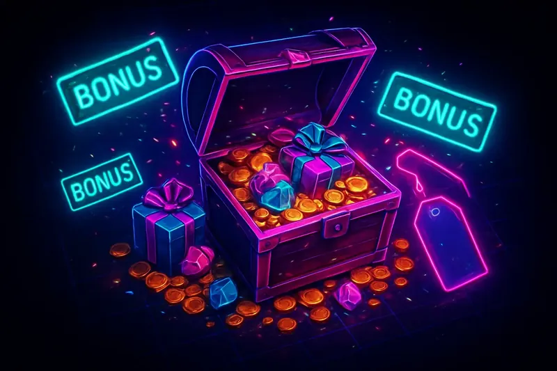 Golden treasure chest bursting with coins, gems, and bonus gifts