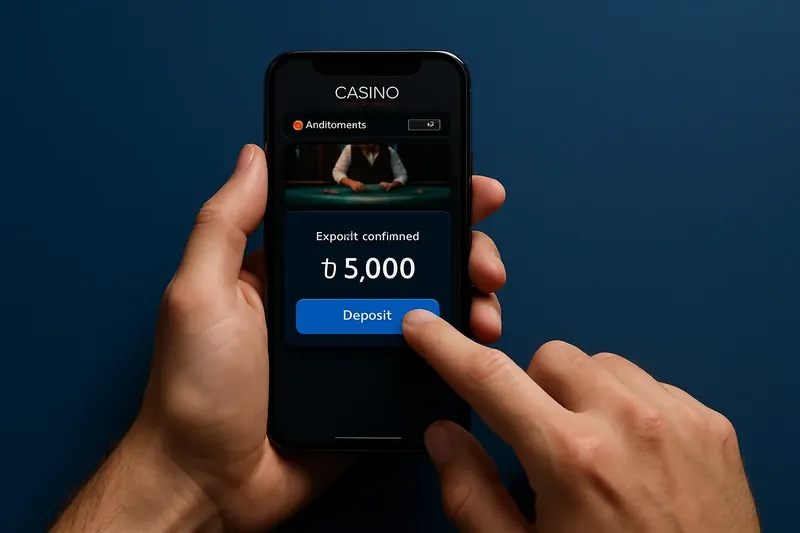 Man typing on smartphone casino app with taka deposit confirmation