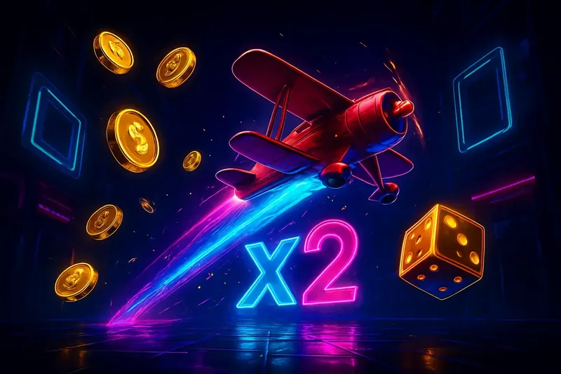 Red airplane soaring with multiplier trail, coins and dice floating