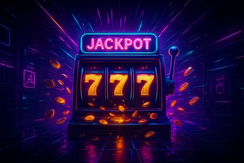 Slot machine jackpot with golden 777, coins, and neon light beams